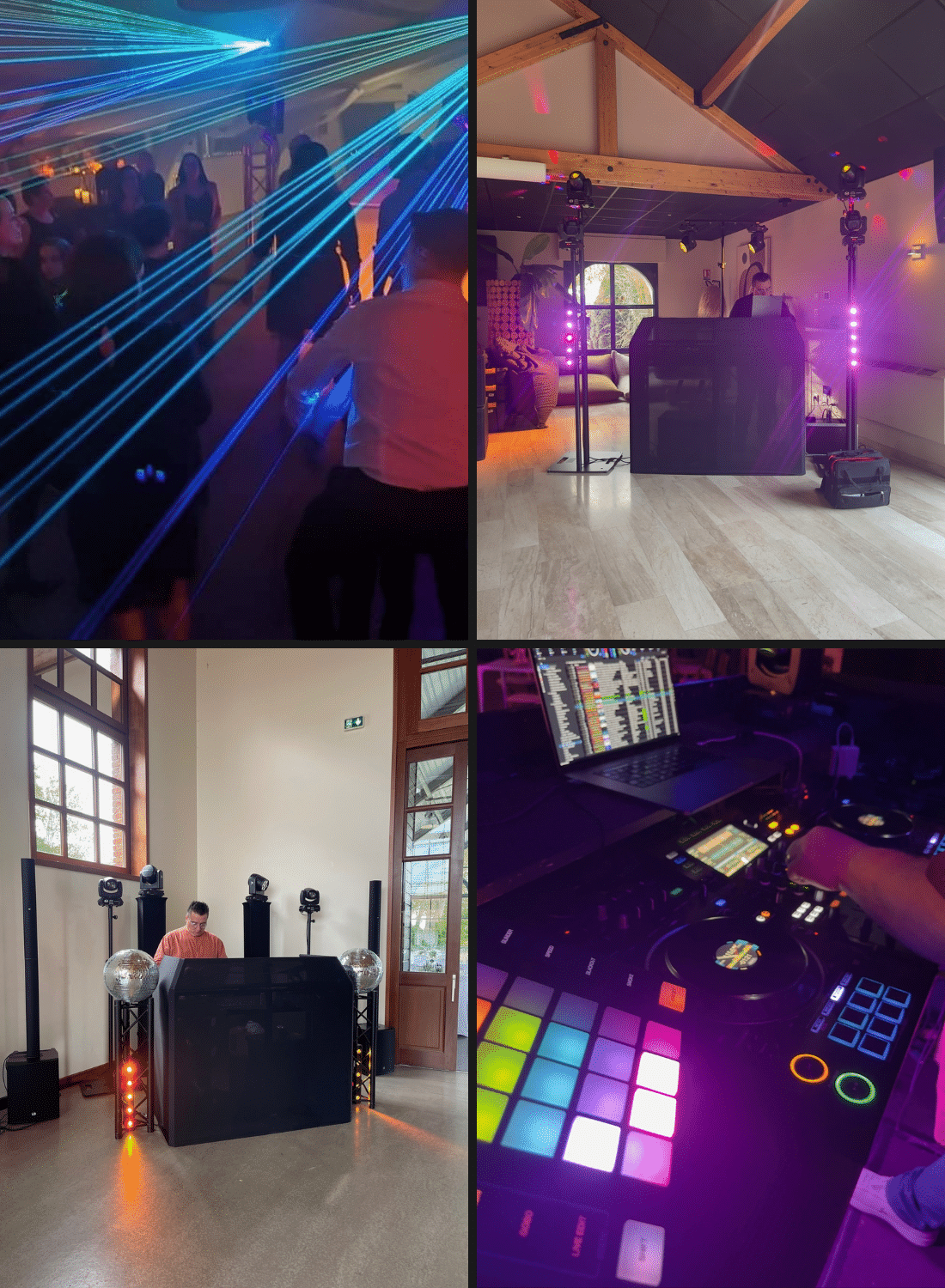Montage de différentes installations de Bjorn Event DJ : sonorisation, éclairages de soirée et gros plan de la régie DJ.